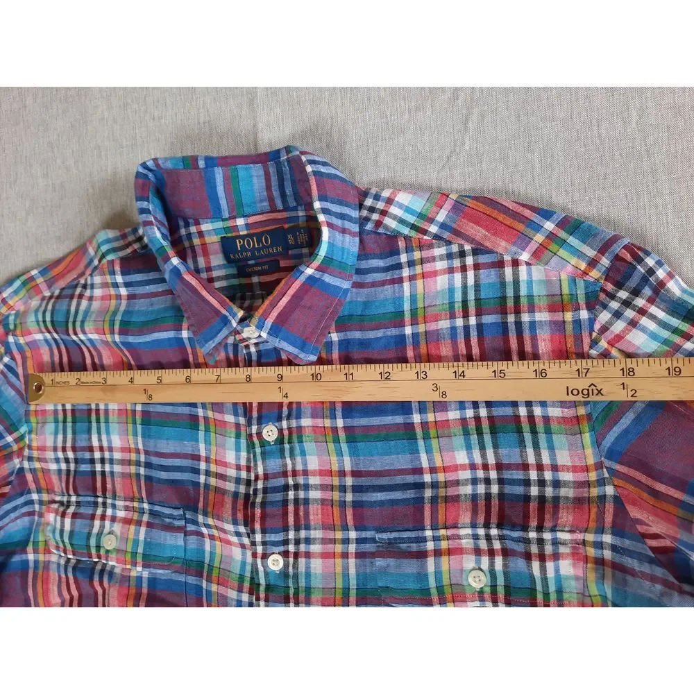 Polo Ralph Lauren Men XL Custom Fit Plaid Western Linen Button Shirt LongSleeve‎